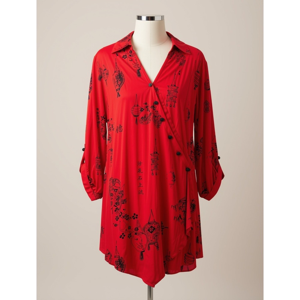 Soft Surroundings Red Asian Print Asymmetrical Button Tunic Top Large NWOT